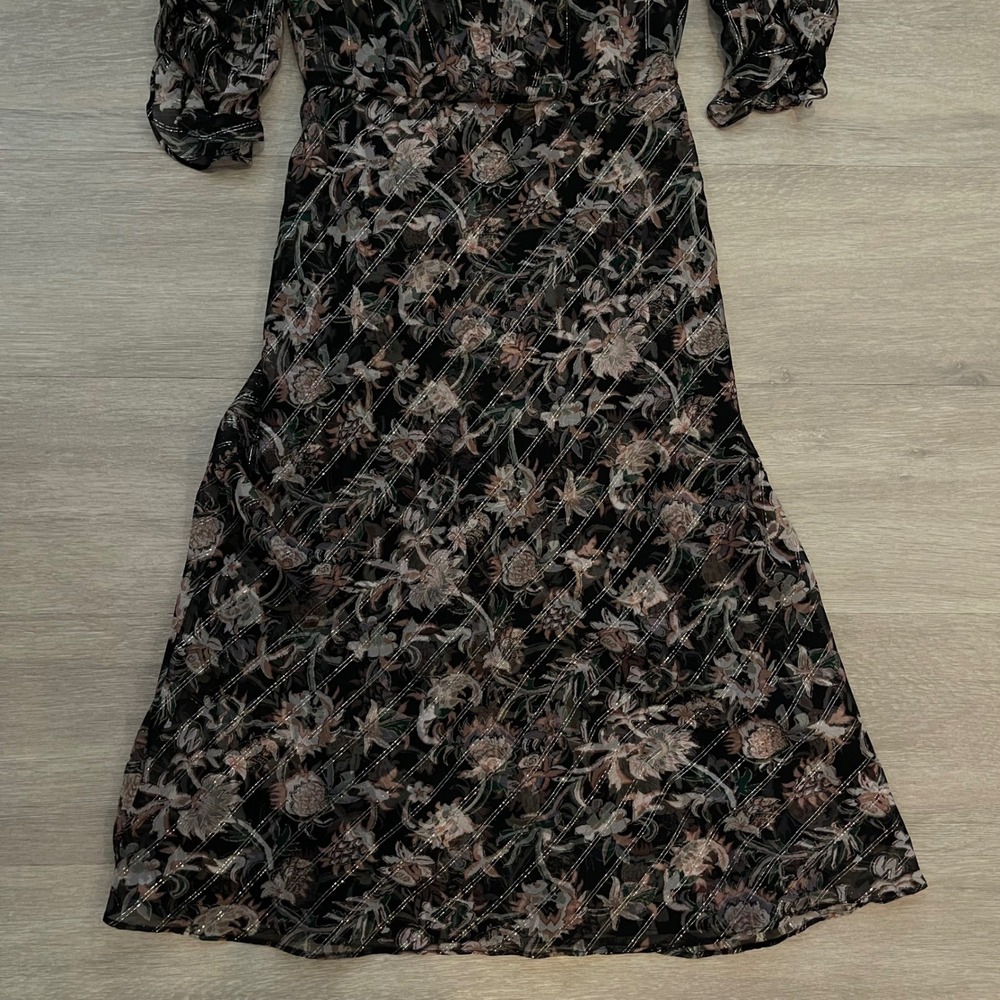 Veronica Beard Mitjana Floral Silk Dress Size 0 Black Ruched Sleeve Midi Chic - Picture 11 of 16
